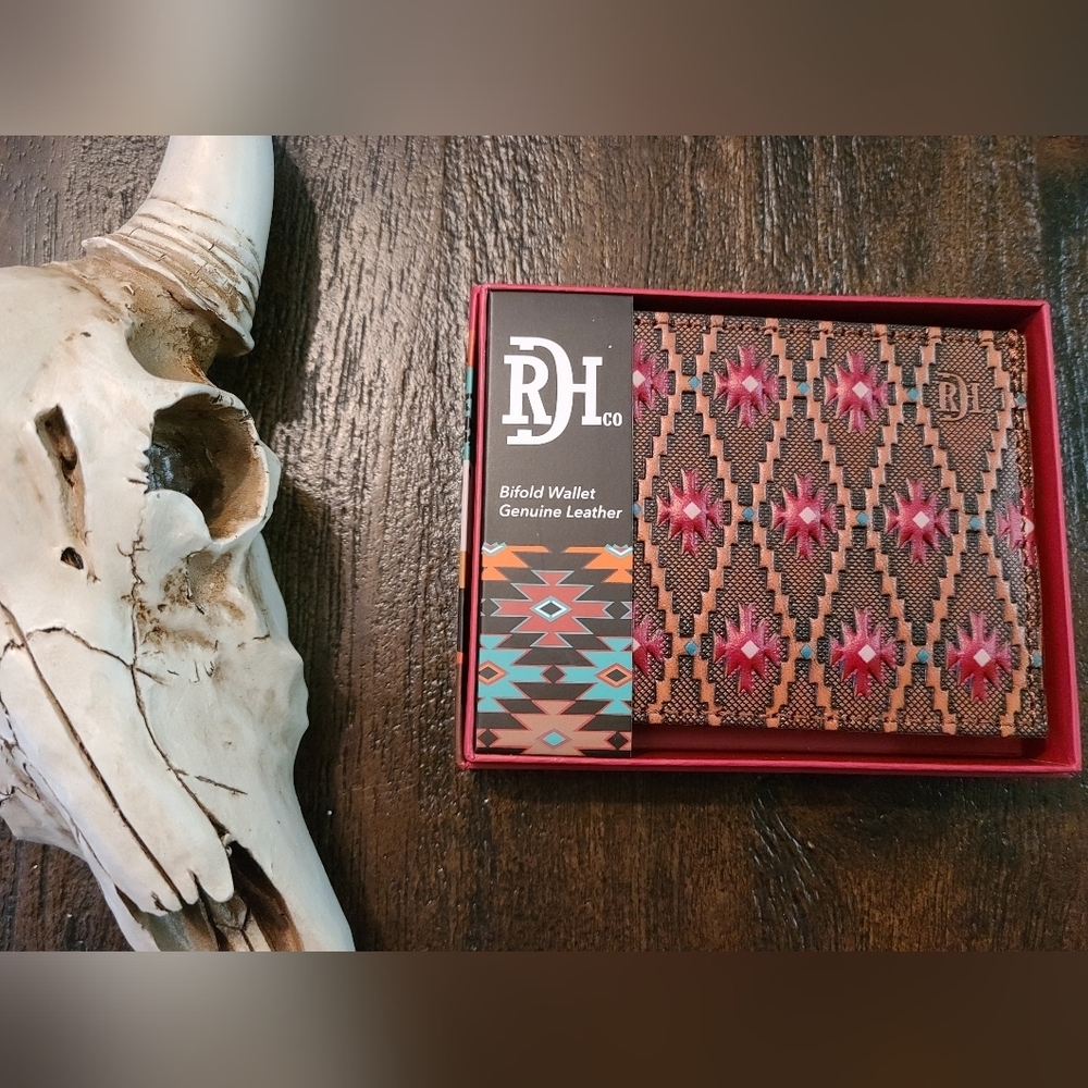 Red Dirt Hat Co. Bifold Leather Wallet - Red & Brown Aztec Pattern